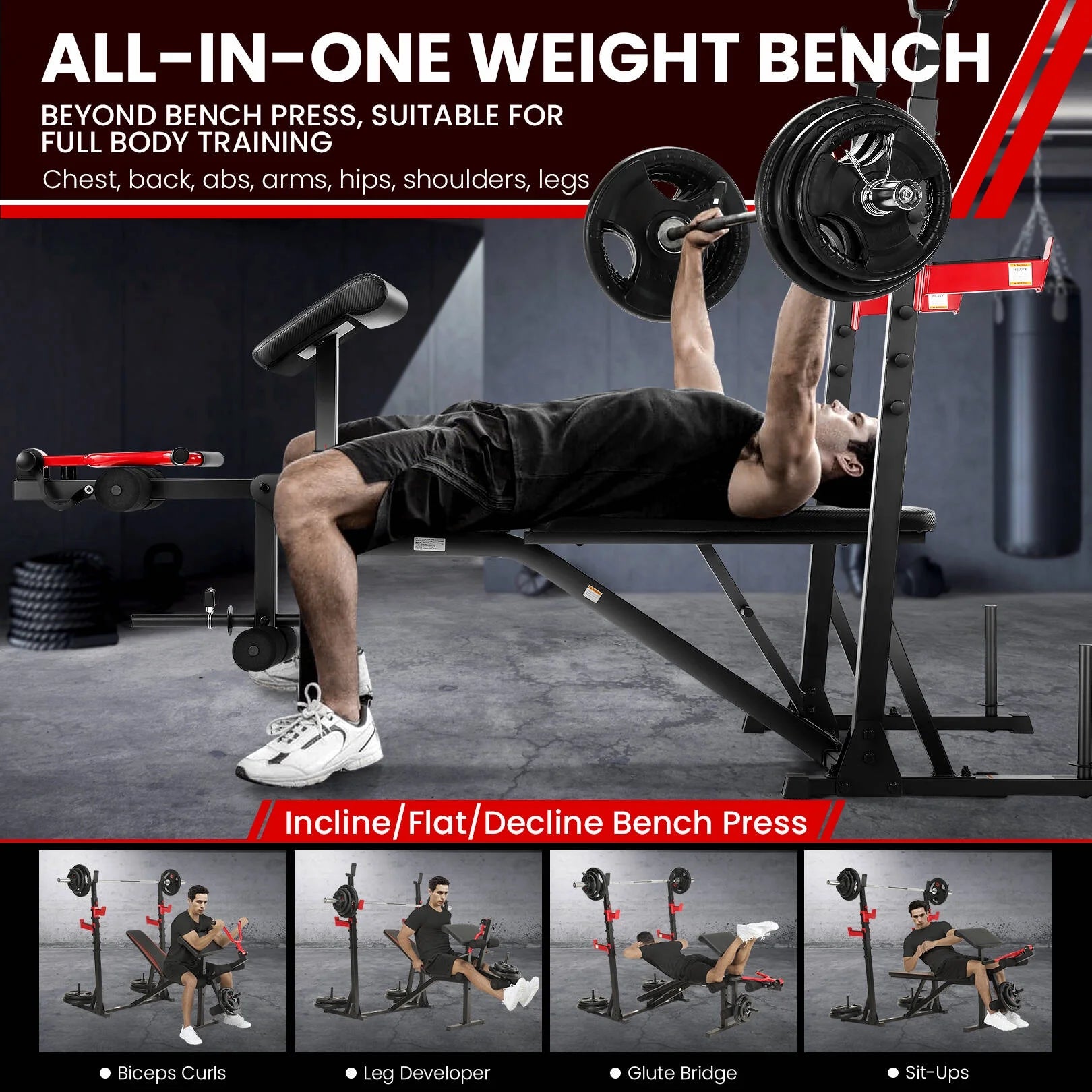 900LBS Olympic Weight Bench Set with Squat Rack, Preacher Curl, Leg Extension Full Body Exercise Workout Bench Press for Home Gym