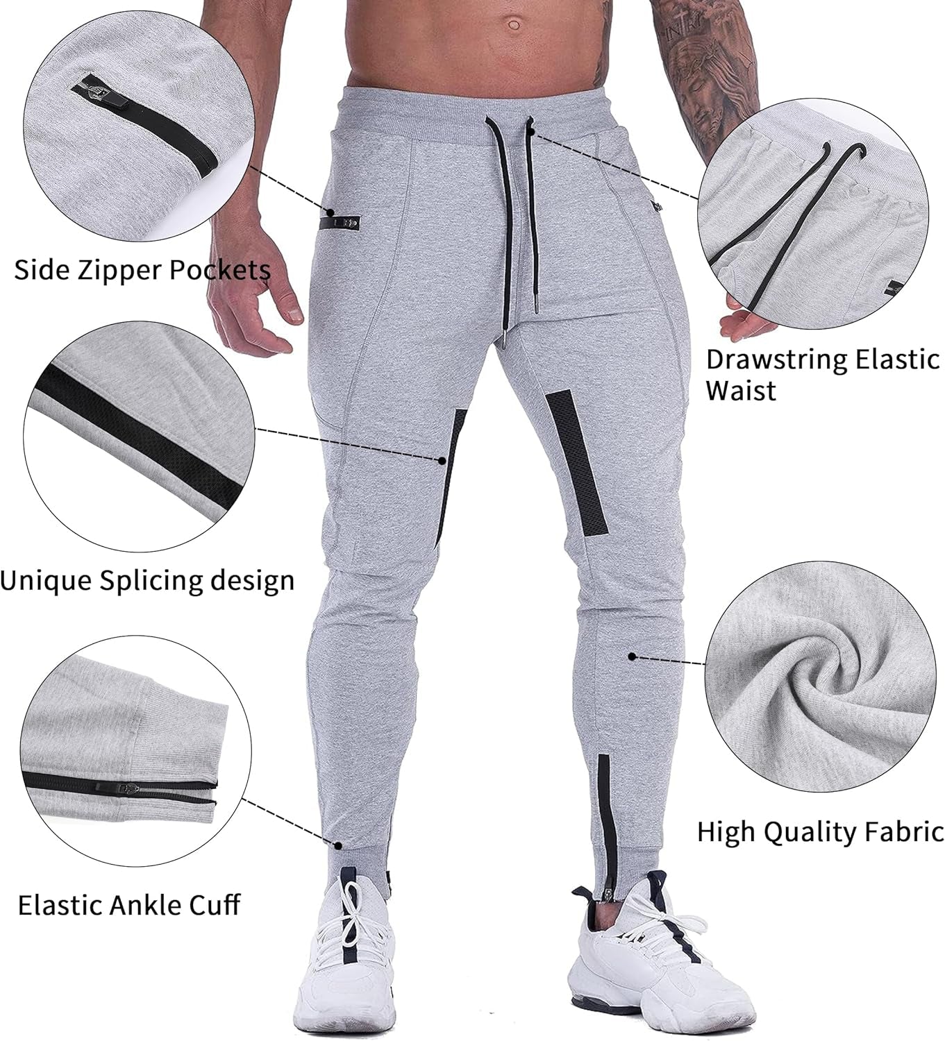 Mens Joggers Pants Tapered Sweatpants Casual Gym Training Workout Pants Slim Track Pant with Zipper Pockets