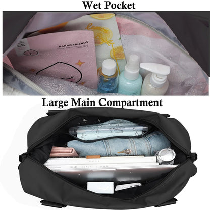 37L Travel Duffle Bag, Overnight Weekender for Women, Waterproof Sports Tote Gym Bag, Large Duffle Bag with Wet Pocket/Trolley Sleeve for Yoga Swimming, Airline Approved, Black