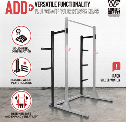 Squat Stand with J-Hooks & Pull up Bar, Bench Press Rack for Full Body Strength Workout; Safety Spotter Arms, Plate Holder & Half Rack Conversion Kit Attachments Available