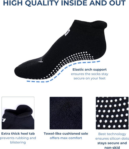 Non-Slip Socks Yoga Barre Pilates Hospital Maternity Sock W/Grips for Women Men 2-Pairs Black