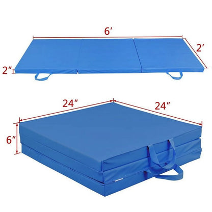 6' X 2' Exercise Tri-Fold Gym Mat,Aerobics Yoga Workout Tumbling Mats for Home Gym Flooring with Carry Handles for Gymnastics, Stretching, Martial Arts-Blue