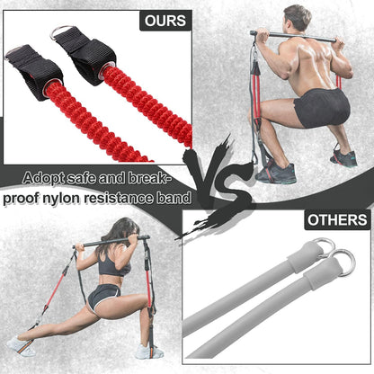 Pilates Bar with 6 Resistance Bands Portable Home Squat Bar Training Exercise Equipment Gym Full Body Workout for Men Women (Red-6Pcs Band)