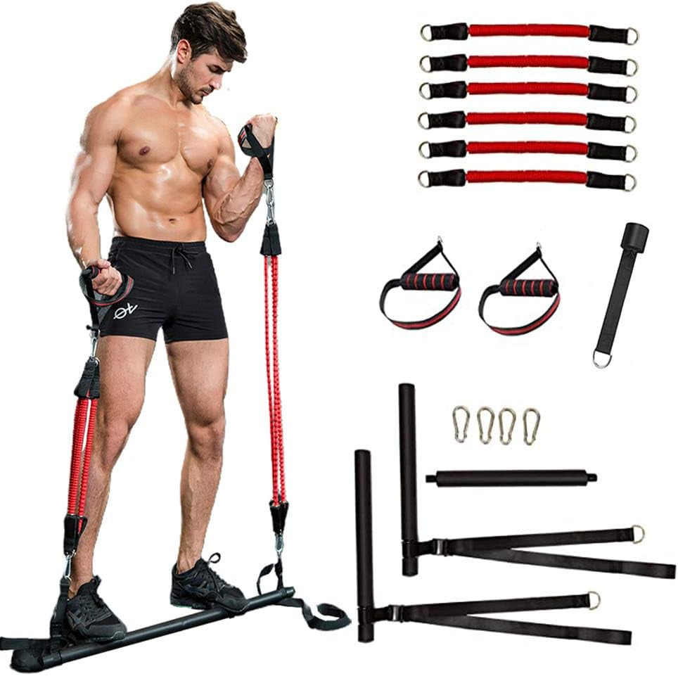 Pilates Bar with 6 Resistance Bands Portable Home Squat Bar Training Exercise Equipment Gym Full Body Workout for Men Women (Red-6Pcs Band)